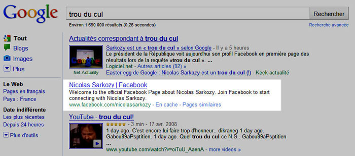 Sarkozy, trou du cul dans Google